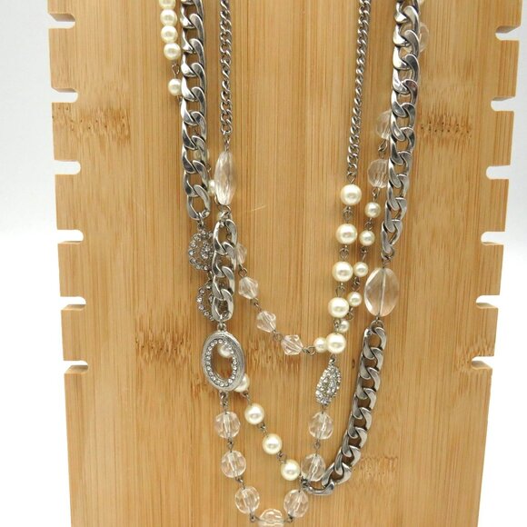 Layered Necklace 22" Silver Tone Chain Imitation Pearls Lucite Beads Multi Layer - Picture 9 of 13